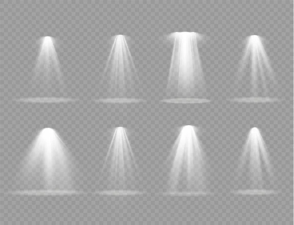 Projetor de holofotes, efeito de luz com raios brancos. — Vetor de Stock