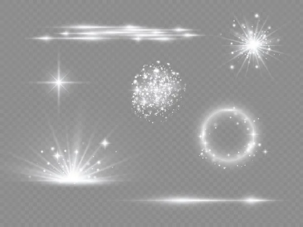 Effet de lumière blanche, projecteurs, étoiles fusées éclairantes, poussière. — Image vectorielle