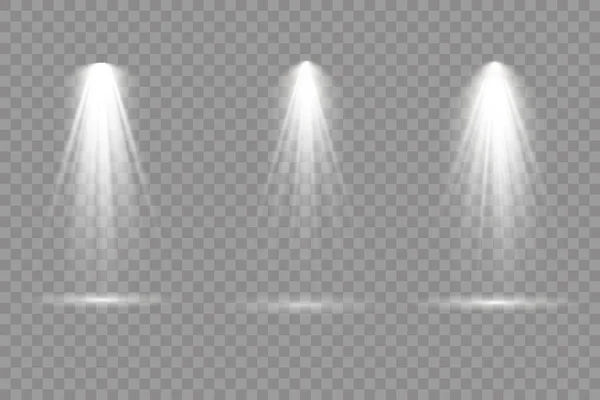 Projetor de holofotes, efeito de luz com raios brancos. — Vetor de Stock