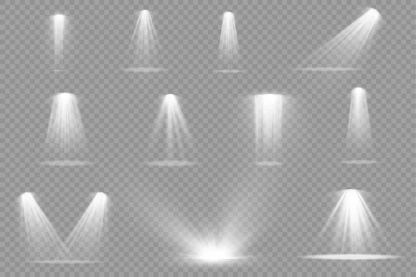 Set aus weißem Scheinwerfer, Projektor-Lichteffekt. — Stockvektor
