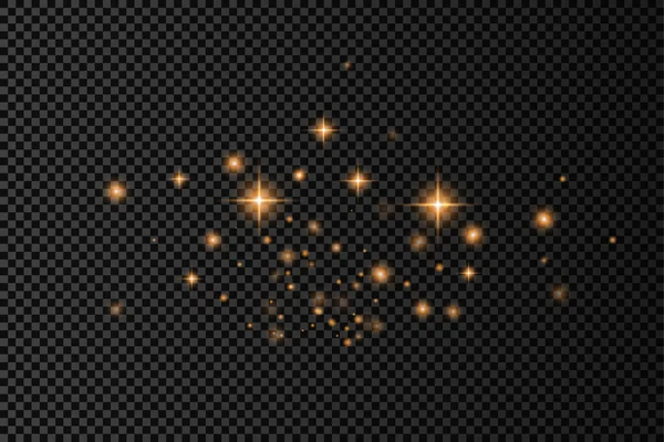 Sarı toz kıvılcımlar ve yıldızlar, ışık efekti. — Stok Vektör