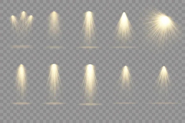 Projecteur projecteur, effet de lumière avec rayons jaunes — Image vectorielle