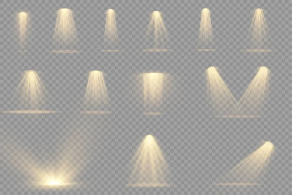 Projecteur projecteur, effet de lumière avec rayons jaunes — Image vectorielle