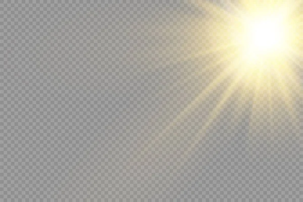 Luz solar con explosión brillante, rayos de sol llamarada. — Vector de stock