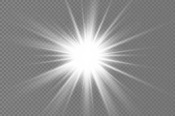 Biała świecąca gwiazda, rozbłysk promieni słonecznych. — Wektor stockowy