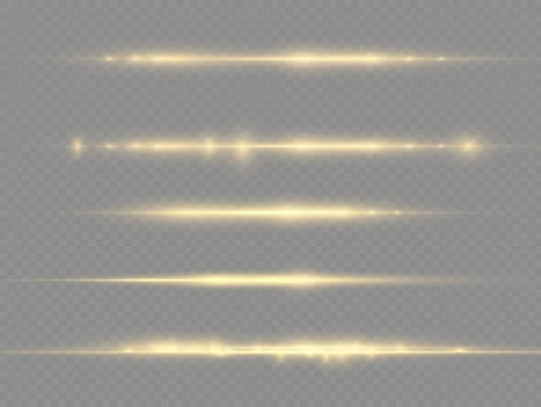 Horizontale Lichtstrahlen, Lichtkegel, leuchtende gelbe Linie. — Stockvektor