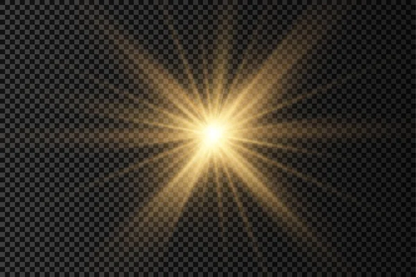 Raios solares amarelos, efeito de luz dourada, estrela. — Vetor de Stock