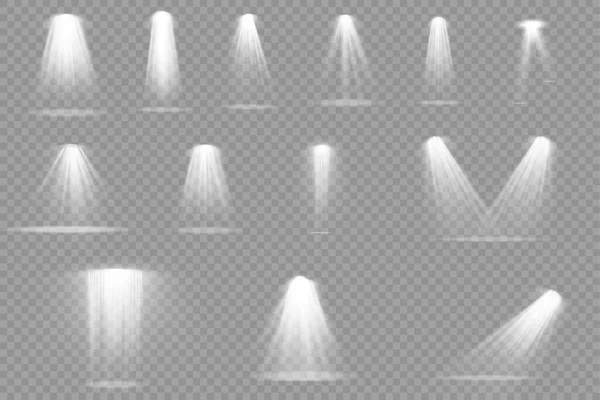 Set of white spotlight, projector light effect. — Stock Vector