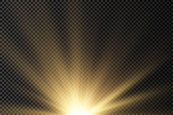 Sonnenexplosion, gelber Schein beleuchtet Sonnenstrahlen. — Stockvektor