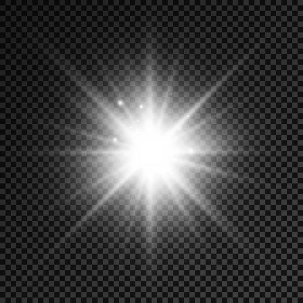 Biała świecąca gwiazda, rozbłysk promieni słonecznych. — Wektor stockowy