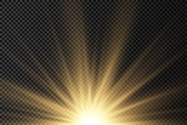 Explosão solar, luzes de brilho amarelas raios solares. — Vetor de Stock