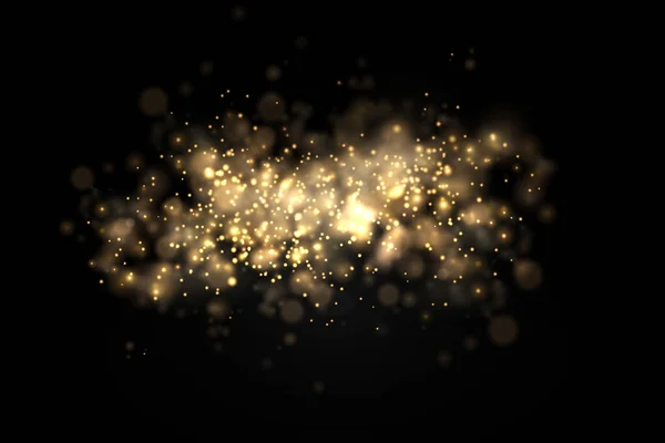Jiskřivý zlatý magický prach částice bokeh světlo. — Stockový vektor