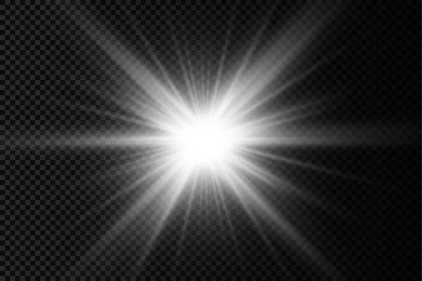 Weißer leuchtender Lichtstern, geplatzte Sonnenstrahlen. — Stockvektor
