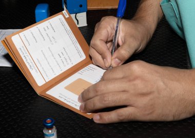 A Veterinarian completes, signs and stamps the vaccination passport of a puppy