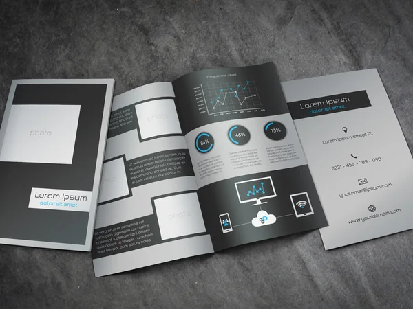 iş bifold broşür şablonu - modern, koyu gri ve mavi tasarım ile düzenlenebilir çizgi grafiği, yuvarlak yüzde grafikler ve teknoloji ile ilgili evrensel simgeleri.