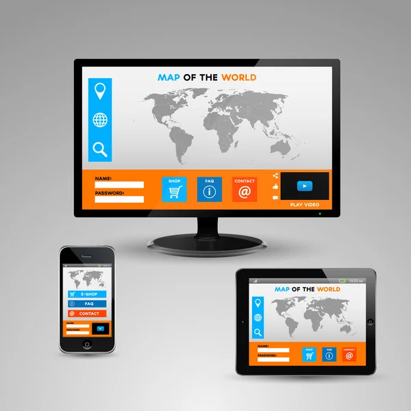 Illustration av datorskärm, smartphone och tablet med världens karta hemsida — Stock vektor