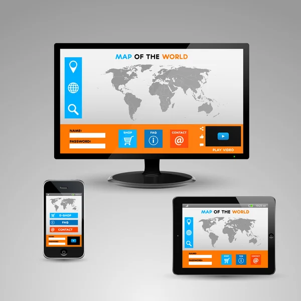 Illustrazione di monitor per computer, smartphone e tablet con il sito web della mappa dei mondi — Vettoriale Stock