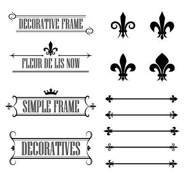 Set of calligraphic flourish design elements - fleur de lis, deviders, frames and borders - decorative vintage style clipart