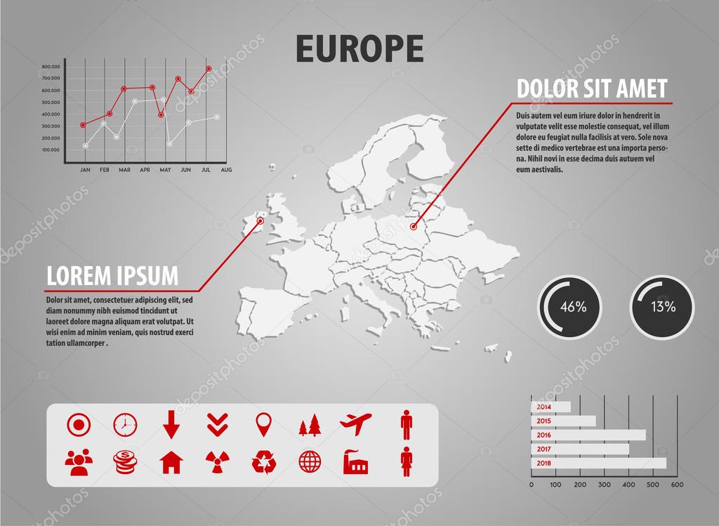 Map of Europe - infographic illustration with charts and useful icons