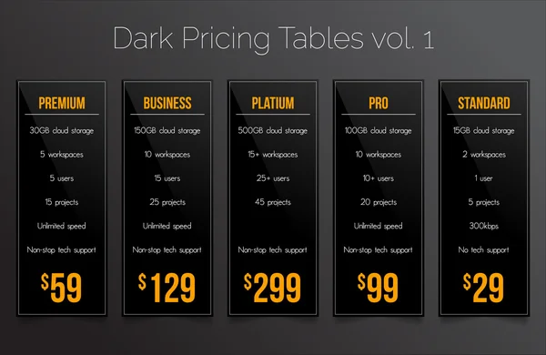 Dark pricing tables - набор из пяти шаблонов ценовых баннеров, подходящих для веб-магазинов и интернет-магазинов — стоковый вектор