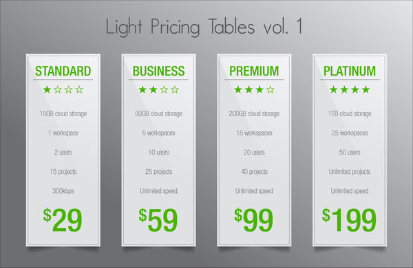 Light pricing tables - set of four price banner templates suitable for web and e-shops