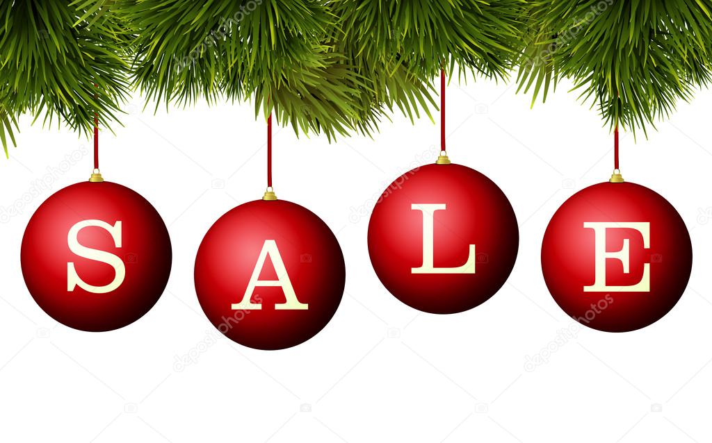 Christmas sale banner advertisement - red baubles with pine branches