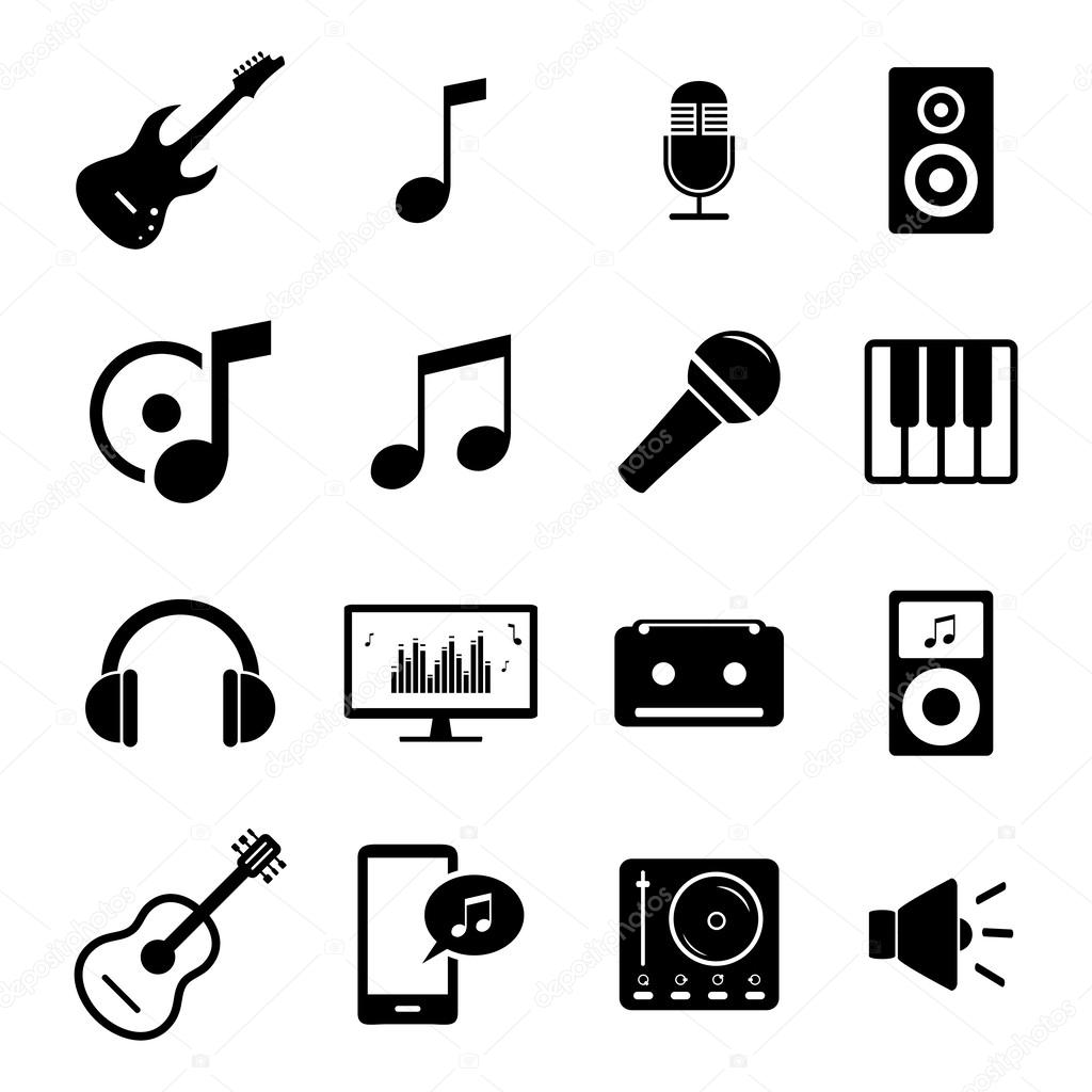 Collection of flat media icons - audio, musical instruments and sound related symbols