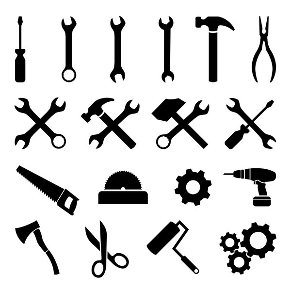 Set of black flat icons - tools, technology and work