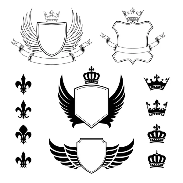 Set of winged shields - coat of arms - heraldic design elements, fleur de lis signs and royal crown silhouettes — Stock Vector