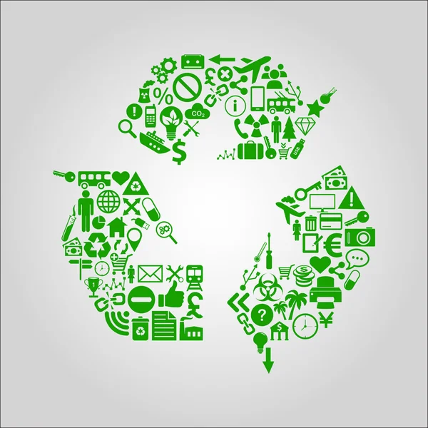 Recycling concept illustratie - verschillende media, technologie, milieu en industriële pictogrammen gevormd in een recycle symbool. — Stockvector