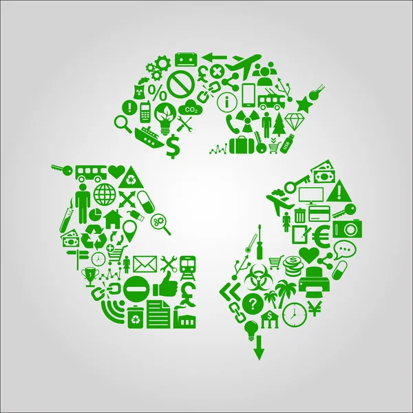 Illustrazione del concetto di riciclaggio - vari supporti, tecnologia, ambiente e icone industriali modellati in un simbolo di riciclo . — Vettoriale Stock