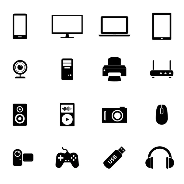 Set van zwarte plat pictogrammen - Pc hardware, computeronderdelen en elektronische apparaten — Stockvector