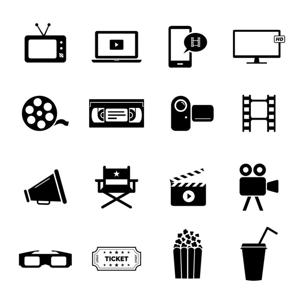 Conjunto de iconos planos negros relacionados con el cine, las películas y la industria cinematográfica — Archivo Imágenes Vectoriales