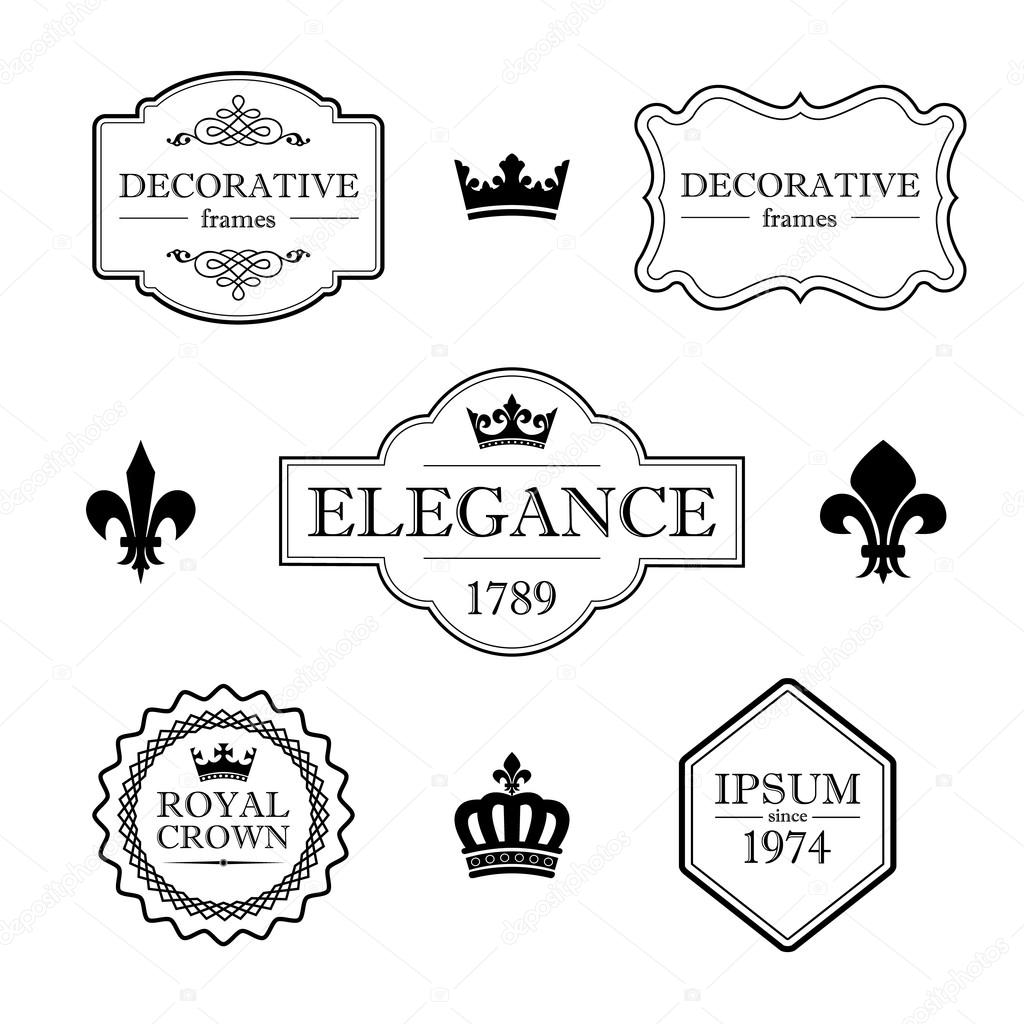 Set of calligraphic flourish design elements - fleur de lis, crowns, frames and borders - decorative vintage style