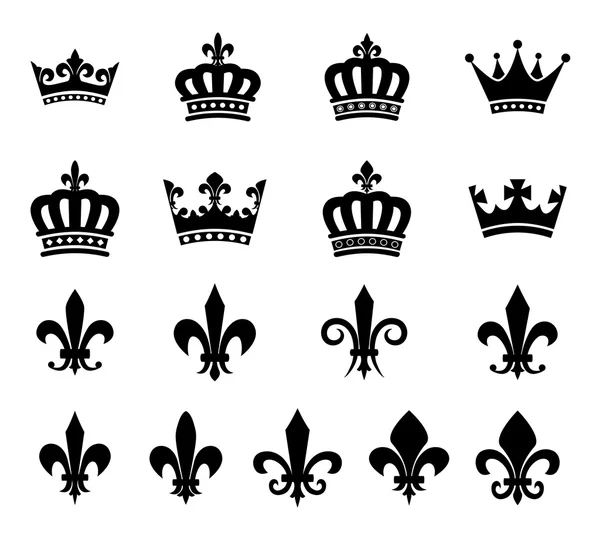 Korona és a fleur de lis design elemek gyűjteménye — Stock Vector