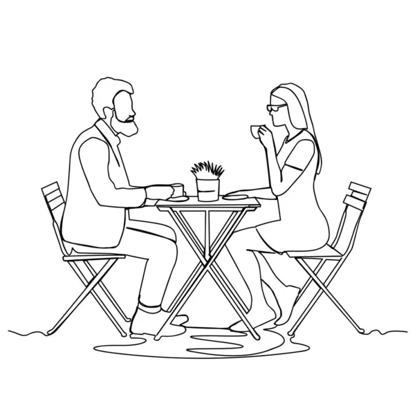 Dessin Ligne Continue Jeune Couple Homme Femme Profitant Une Tasse — Image vectorielle