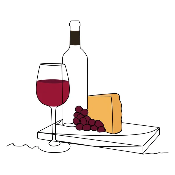Vin Fromage Raisins Sur Plateau Illustration Couleur Une Ligne Art — Image vectorielle