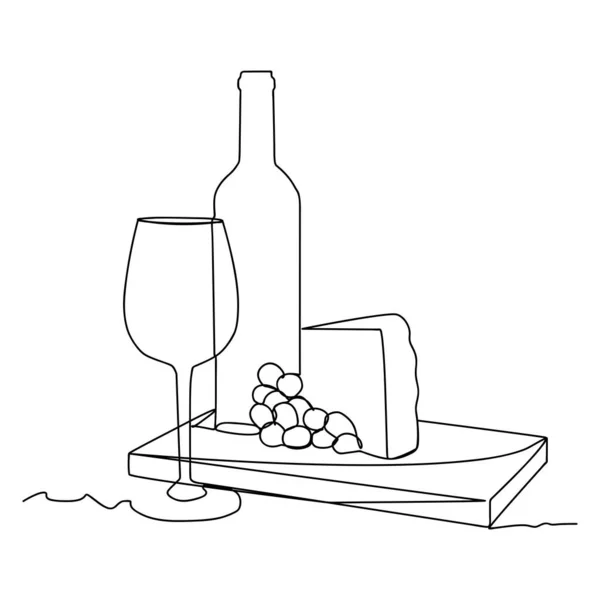 Vin Fromage Raisins Sur Plateau Une Ligne Art Pour Menu — Image vectorielle