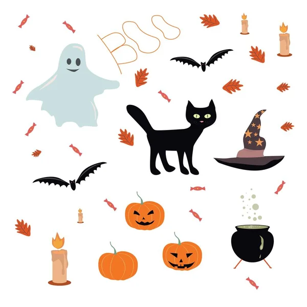 Conjunto Halloween Ilustración Con Gato Fantasma Caldero Sombrero Bruja Dulces — Vector de stock