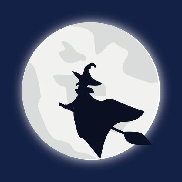 月を背に空を飛ぶブロムスティックの魔女 — ストックベクタ
