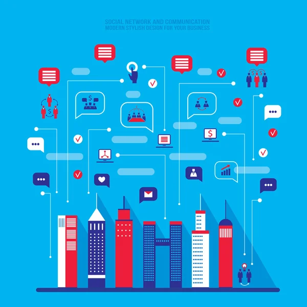 Réseau social urbain Paysage urbain rempli d'icônes d'affaires — Image vectorielle