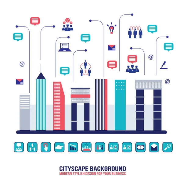 Ciudad red social Paisaje urbano lleno de iconos de negocios — Vector de stock