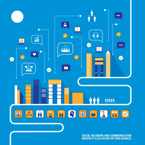 Réseau social urbain Paysage urbain rempli d'icônes d'affaires — Image vectorielle