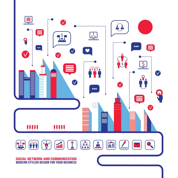 Réseau social urbain Paysage urbain rempli d'icônes d'affaires — Image vectorielle