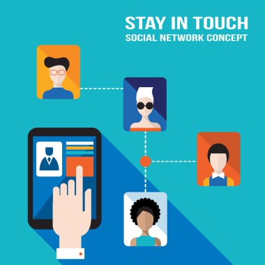 Businessman hand touching the tablet screen with web icons Stay in touch social network and e-commerce successful business concept