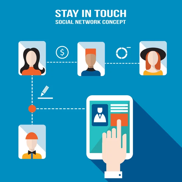 Empresário mão tocando a tela do tablet com ícones da web Fique em contato rede social e e-commerce conceito de negócio bem sucedido —  Vetores de Stock
