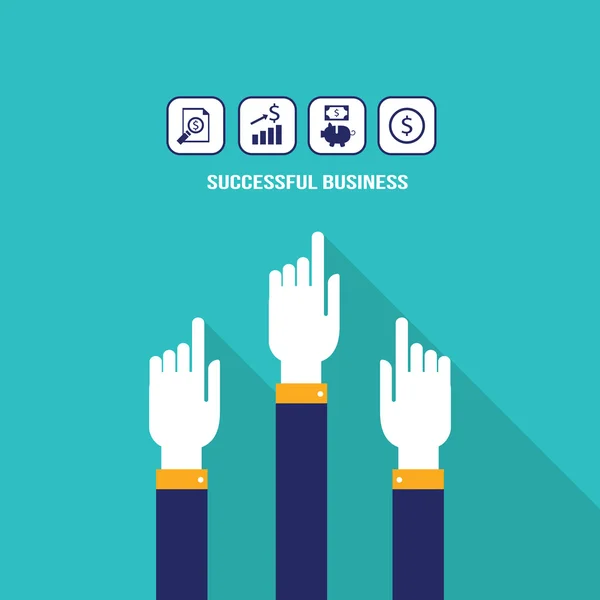 Businessman hands pointing on the web icons with raising chart piggy bank and money Successful business profit concept Modern flat design — Stock Vector