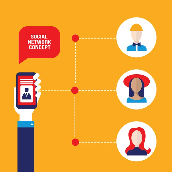 Conceito de rede social Mão segurando um telefone inteligente com avatar pessoas —  Vetores de Stock