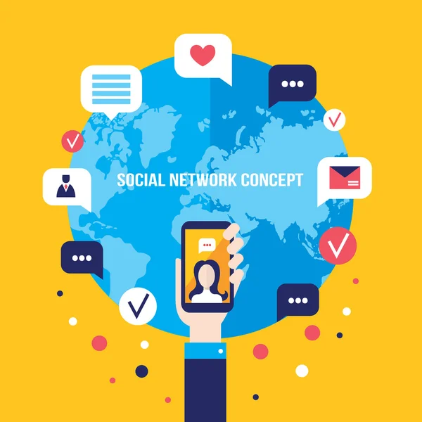 Social Network Konzept Geschäftsmann Hand mit Handy globale Kommunikation infografische Elemente — Stockvektor