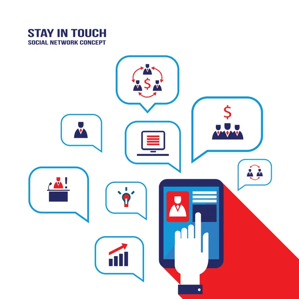 Mãos de empresário tocando a tela do tablet com ícones de avatar e negócios Comunicação em rede social —  Vetores de Stock